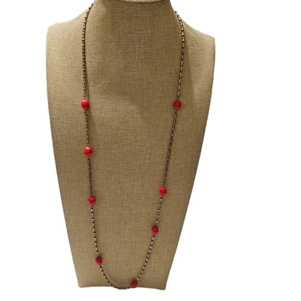 J. Crew Vintage Style Red Faceted Bead‎ Brass Tone Long Station Necklace Opera
